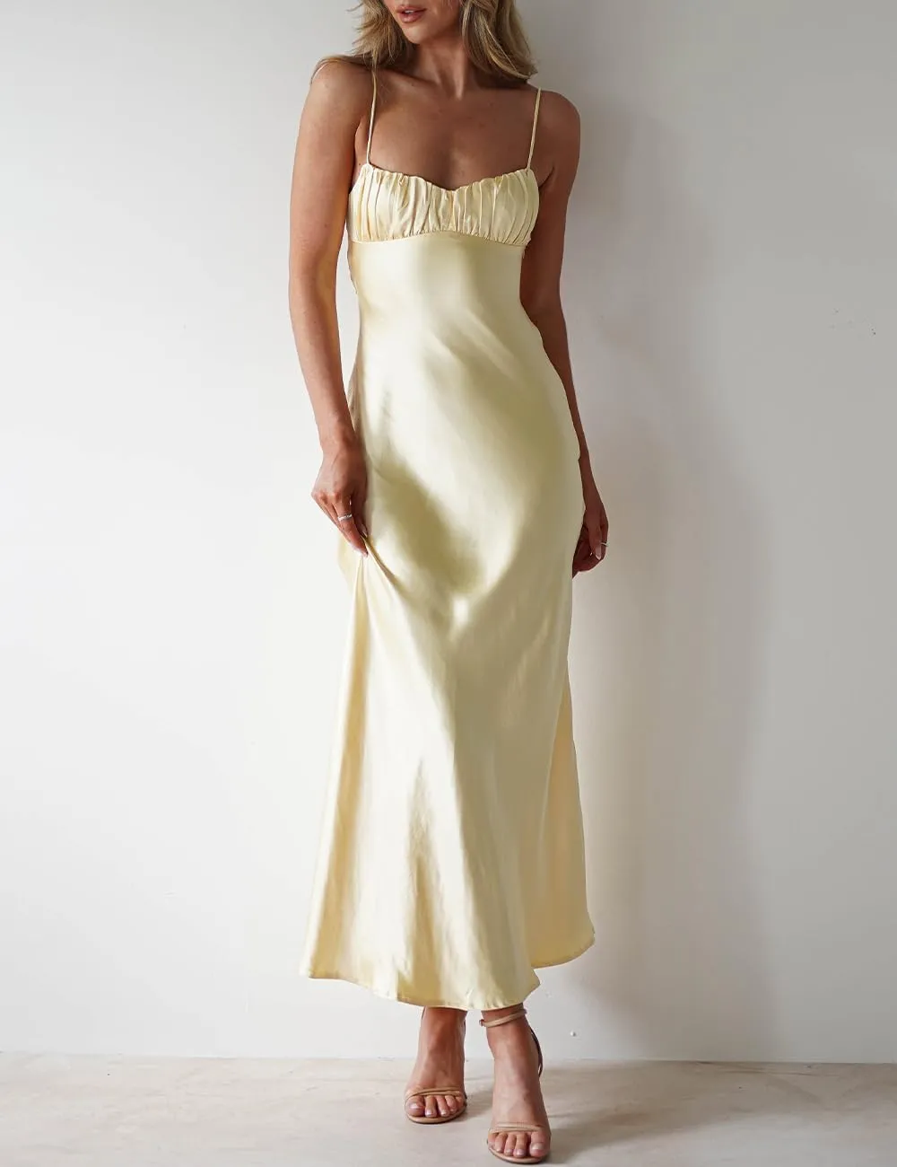 Satin Spaghetti Strap Backless Ruched Twist Cocktail Dresses for Women Silk Open Back Cut Out Midi Dress Wedding Guest