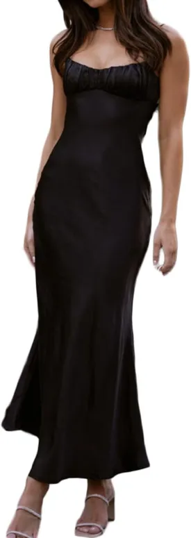 Satin Spaghetti Strap Backless Ruched Twist Cocktail Dresses for Women Silk Open Back Cut Out Midi Dress Wedding Guest