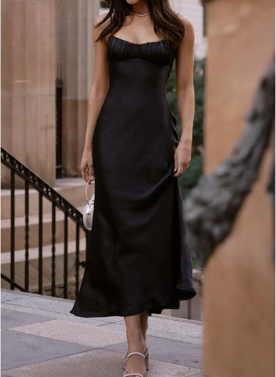 Satin Spaghetti Strap Backless Ruched Twist Cocktail Dresses for Women Silk Open Back Cut Out Midi Dress Wedding Guest