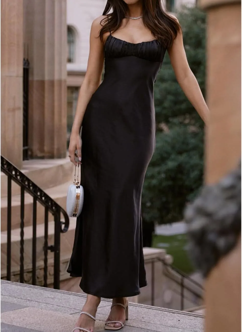 Satin Spaghetti Strap Backless Ruched Twist Cocktail Dresses for Women Silk Open Back Cut Out Midi Dress Wedding Guest