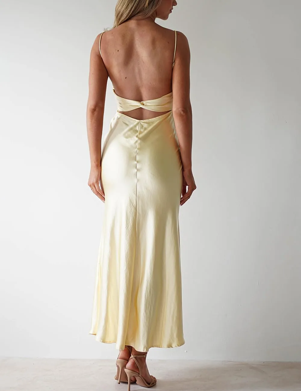 Satin Spaghetti Strap Backless Ruched Twist Cocktail Dresses for Women Silk Open Back Cut Out Midi Dress Wedding Guest