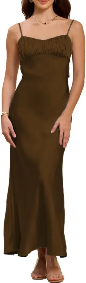 Satin Spaghetti Strap Backless Ruched Twist Cocktail Dresses for Women Silk Open Back Cut Out Midi Dress Wedding Guest