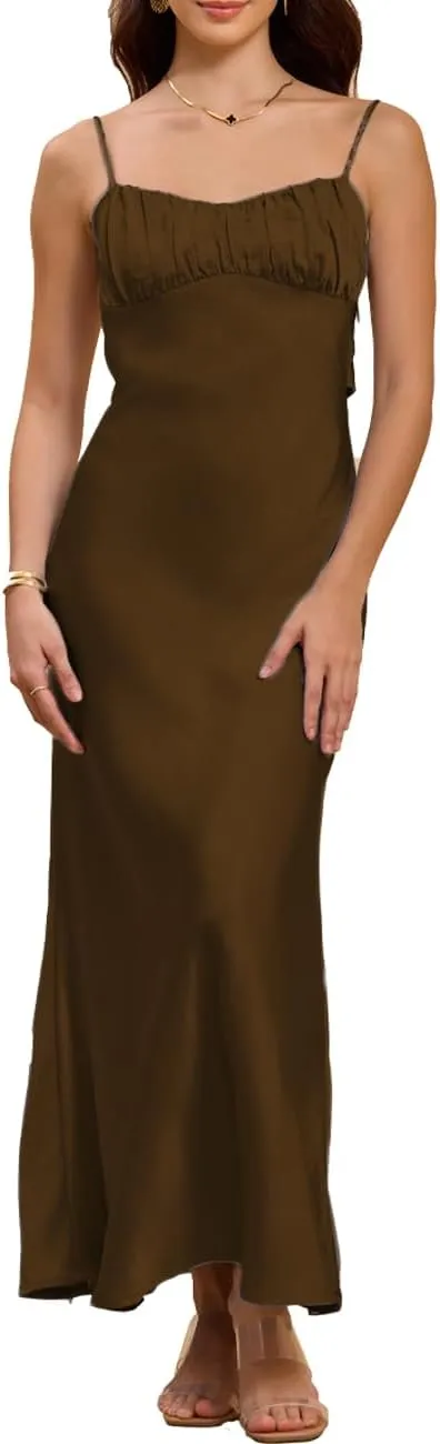 Satin Spaghetti Strap Backless Ruched Twist Cocktail Dresses for Women Silk Open Back Cut Out Midi Dress Wedding Guest