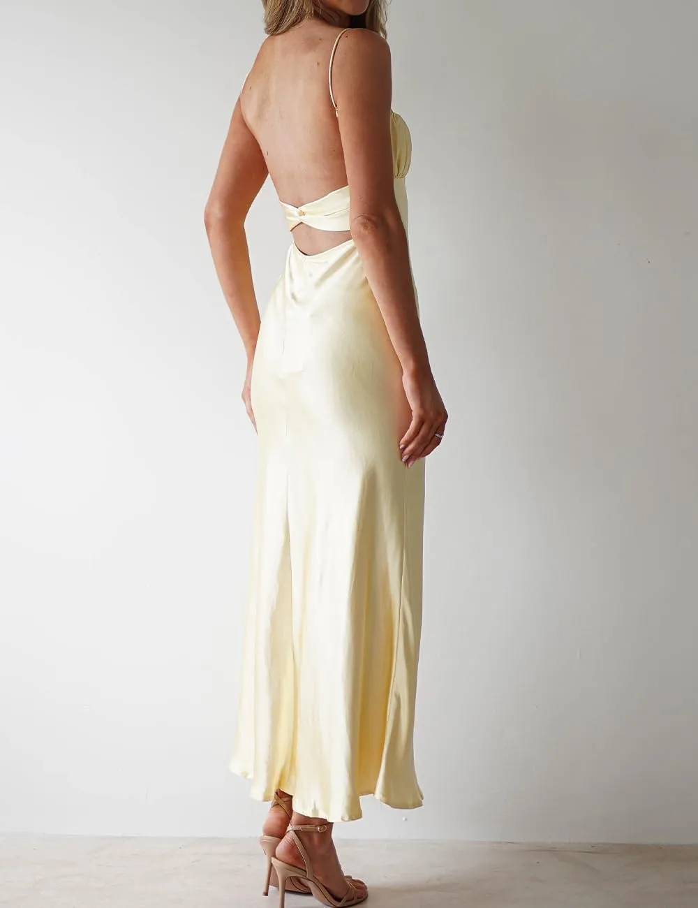 Satin Spaghetti Strap Backless Ruched Twist Cocktail Dresses for Women Silk Open Back Cut Out Midi Dress Wedding Guest
