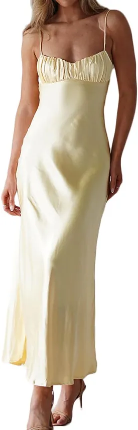 Satin Spaghetti Strap Backless Ruched Twist Cocktail Dresses for Women Silk Open Back Cut Out Midi Dress Wedding Guest