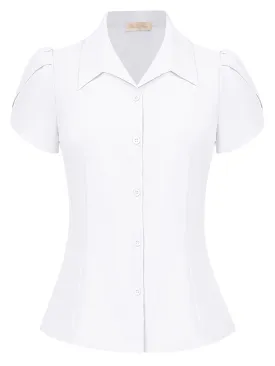 Summer Short Sleeve Button Down Blouse for Women V Neck Vintage Business Casual Shirts Tops