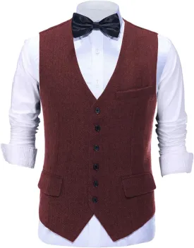 Tuikayoo Mens Herringbone Suits Vests Wool Business Tweed Retro Waistcoats Groomsman Slim Fit