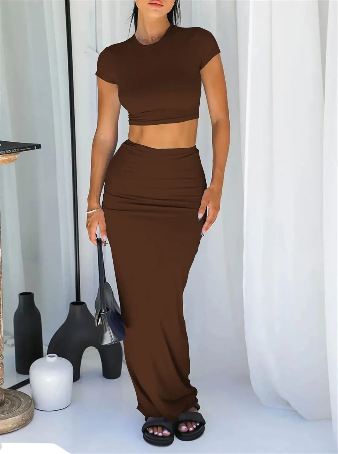 Two Piece Skirt Set for Women 2 PC Y2K Outfits Short Sleeve Crop Tops Bodycon High Waist Long Maxi Skirts