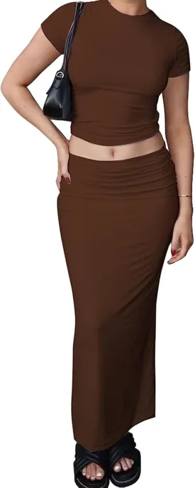 Two Piece Skirt Set for Women 2 PC Y2K Outfits Short Sleeve Crop Tops Bodycon High Waist Long Maxi Skirts