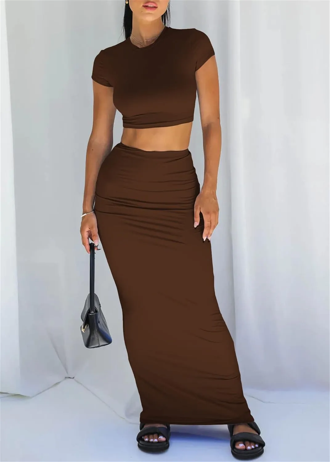 Two Piece Skirt Set for Women 2 PC Y2K Outfits Short Sleeve Crop Tops Bodycon High Waist Long Maxi Skirts
