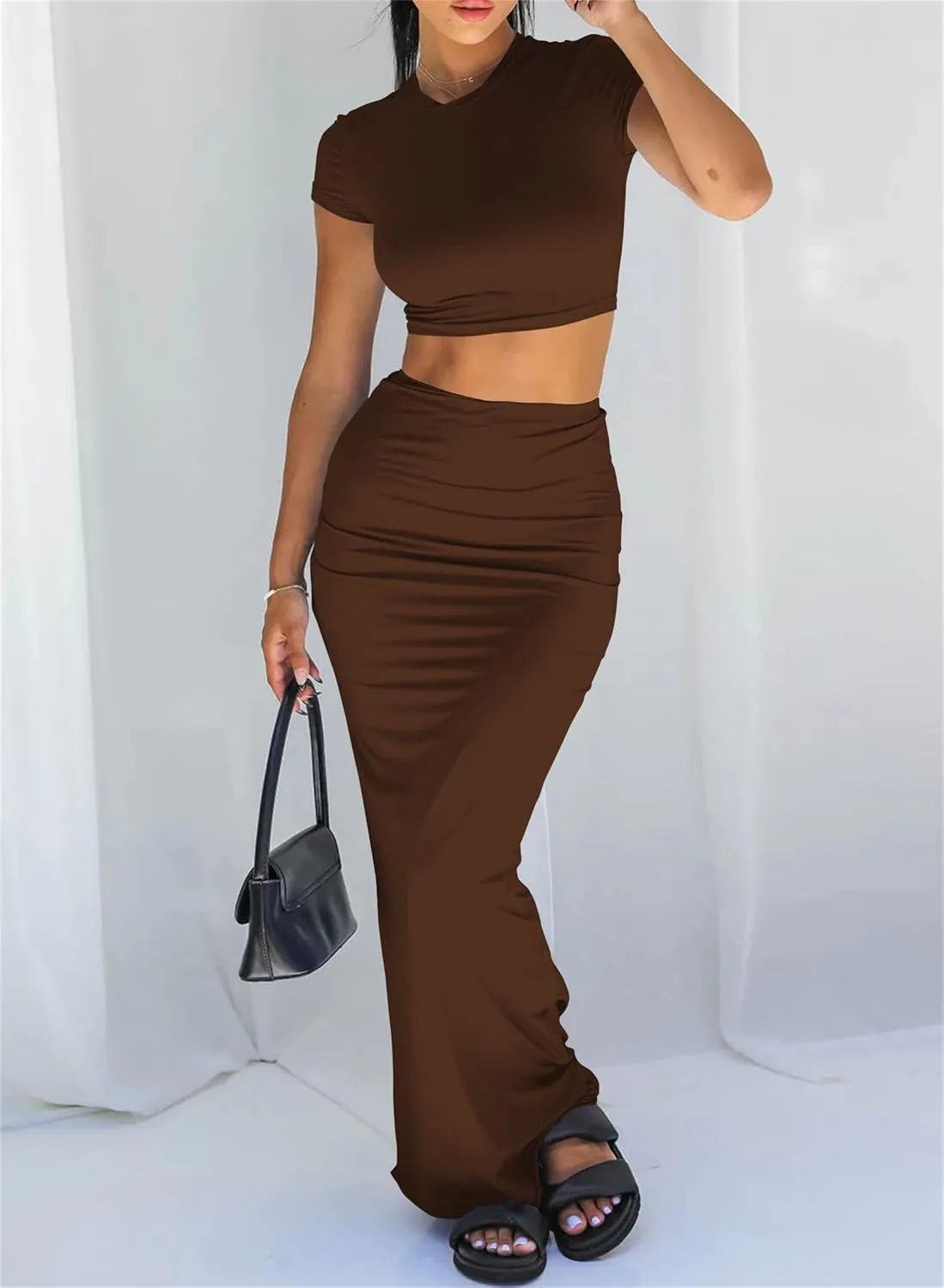 Two Piece Skirt Set for Women 2 PC Y2K Outfits Short Sleeve Crop Tops Bodycon High Waist Long Maxi Skirts