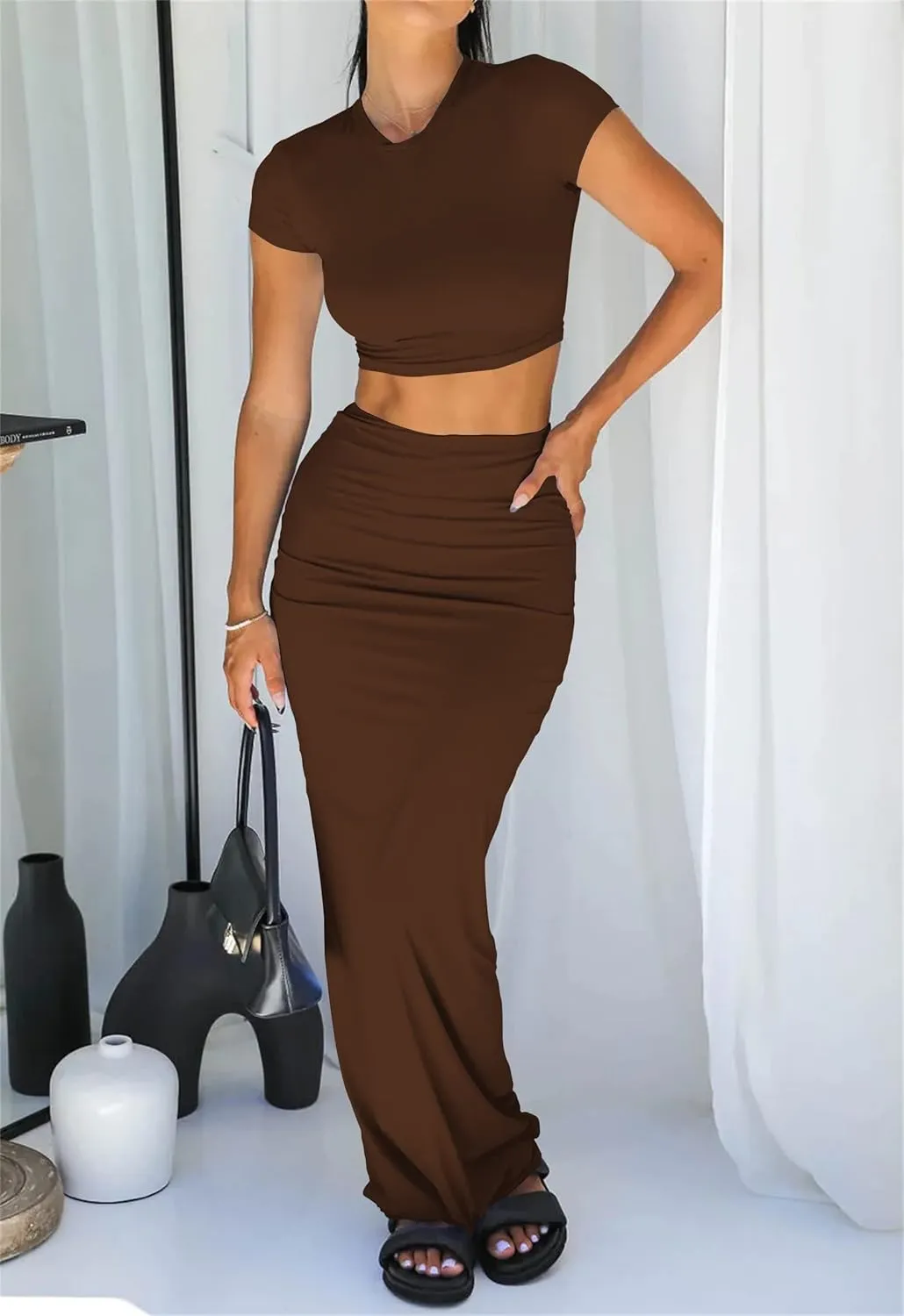 Two Piece Skirt Set for Women 2 PC Y2K Outfits Short Sleeve Crop Tops Bodycon High Waist Long Maxi Skirts