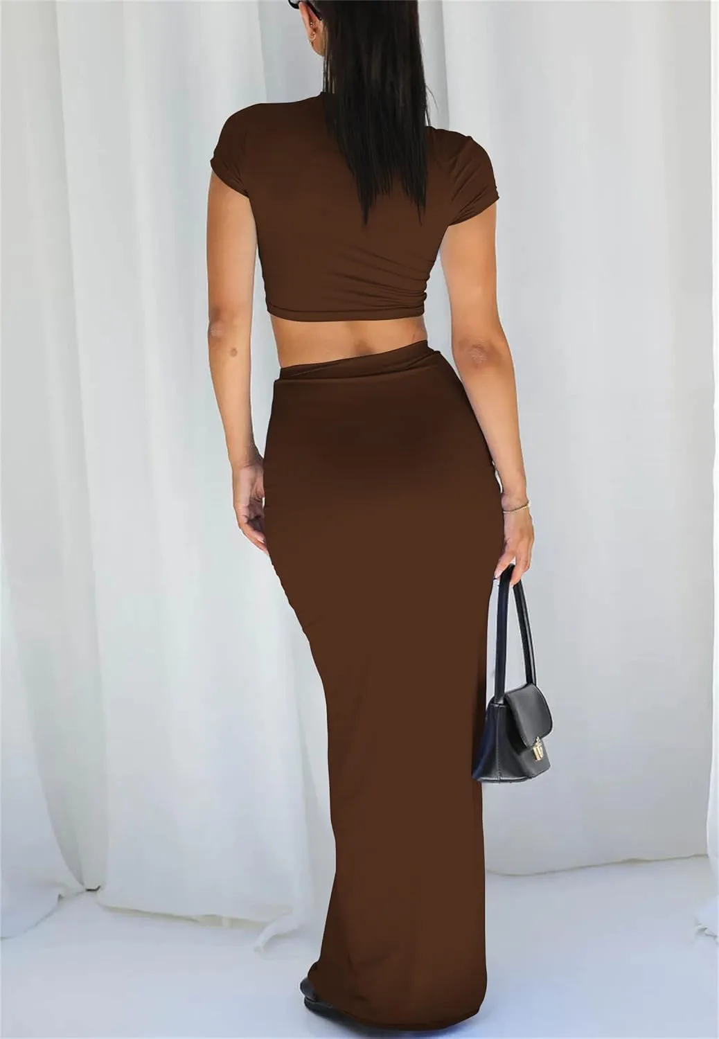 Two Piece Skirt Set for Women 2 PC Y2K Outfits Short Sleeve Crop Tops Bodycon High Waist Long Maxi Skirts