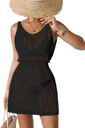 Womens Crochet Knit Waist Cinched Beach Coverup Mini Dress Summer 2025 Backless V Neck Bathing Suit Cover Up