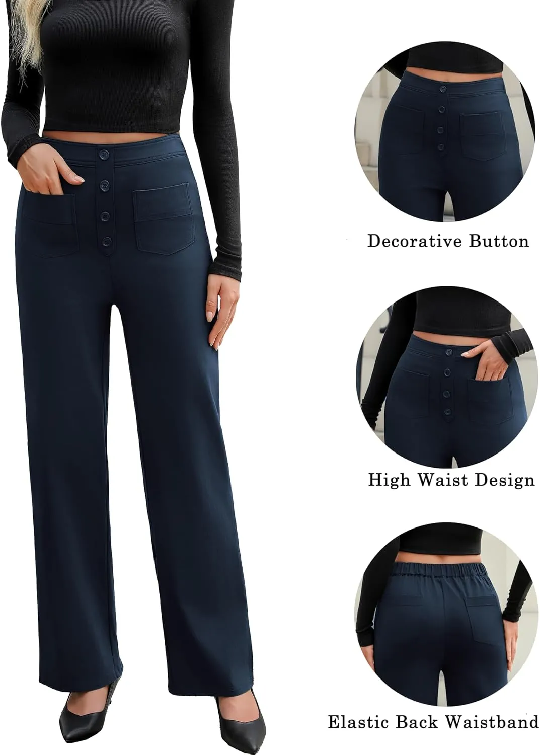 Women's High Waisted Straight Leg Pants Stretchy Business Casual Pants Button Down Work Trousers with Pockets