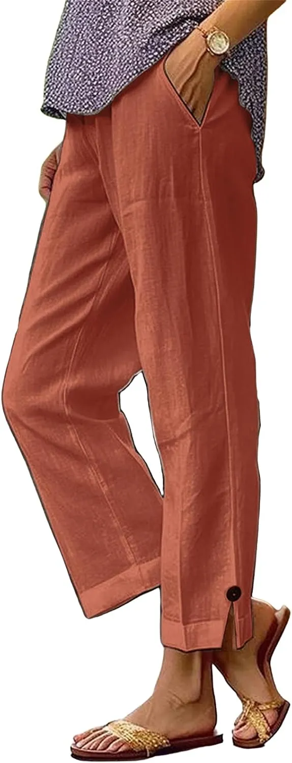 Women's Linen Pants Summer Elastic High Waisted Wide Leg Pant Casual Lightweight Straight Leg Pants with Pockets