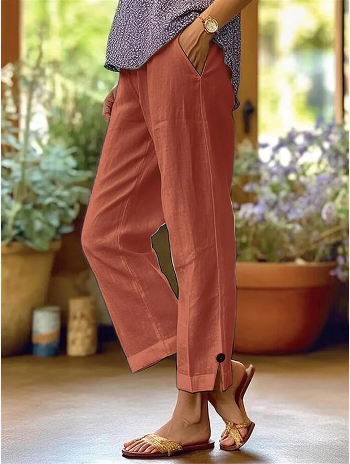 Women's Linen Pants Summer Elastic High Waisted Wide Leg Pant Casual Lightweight Straight Leg Pants with Pockets
