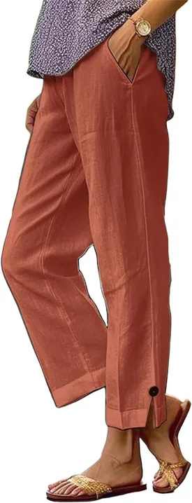 Women's Linen Pants Summer Elastic High Waisted Wide Leg Pant Casual Lightweight Straight Leg Pants with Pockets