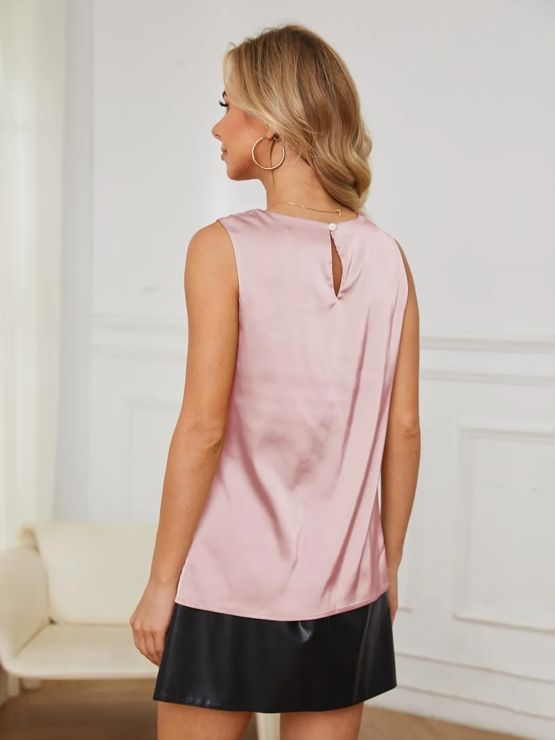 Womens Silk Satin Tank Tops Crew Neck Casual Cami Sleeveless Camisole Blouses Summer Tank Shirt Back Closure