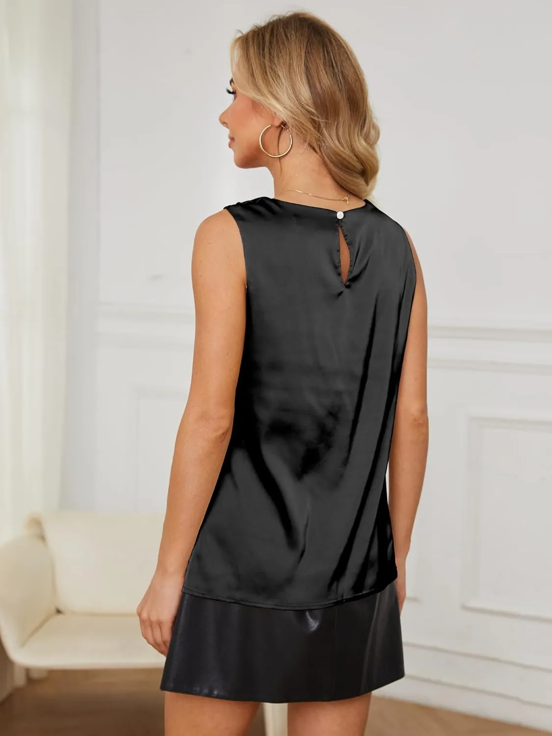 Womens Silk Satin Tank Tops Crew Neck Casual Cami Sleeveless Camisole Blouses Summer Tank Shirt Back Closure