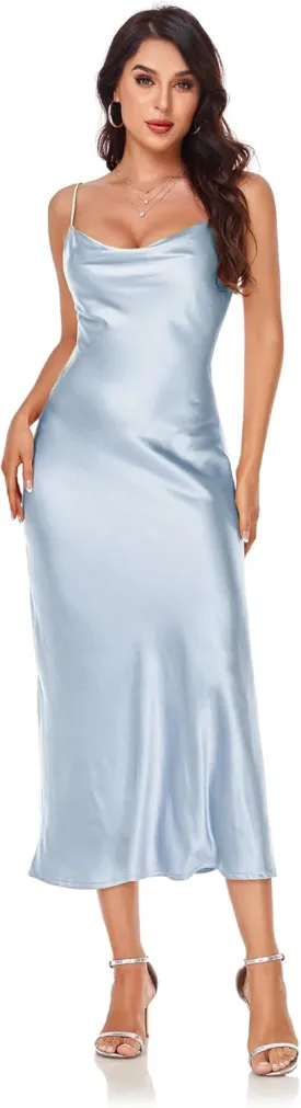 Women's Spaghetti Strap Midi Satin Silk Dresses Slip Cowl Neck Party Cocktail Evening Sexy Dress