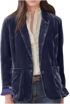 Women's Velvet Blazer Jackets Casual Long Sleeve Lapel Collar Pocketed Button Velvet Jacket Suits